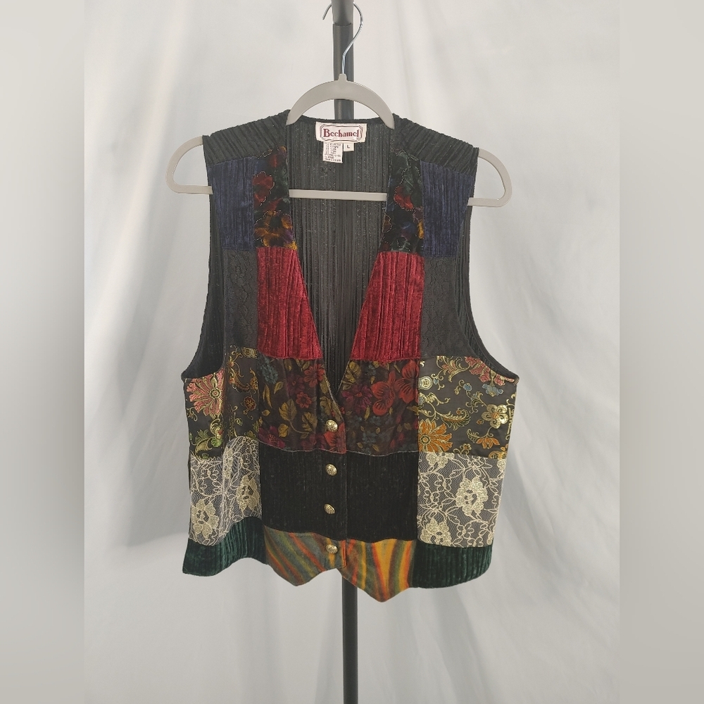 Vintage Bechamel Patchwork Vest Large Boho Velvet Tapestry Lace Button Front